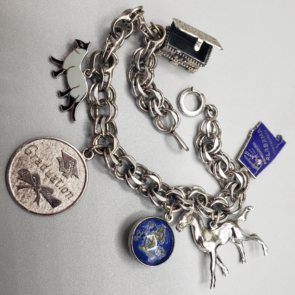 Beau Sterling Silver w/6 Charms Bracelet Mid-Century Vintage Retro w/Rolo Link